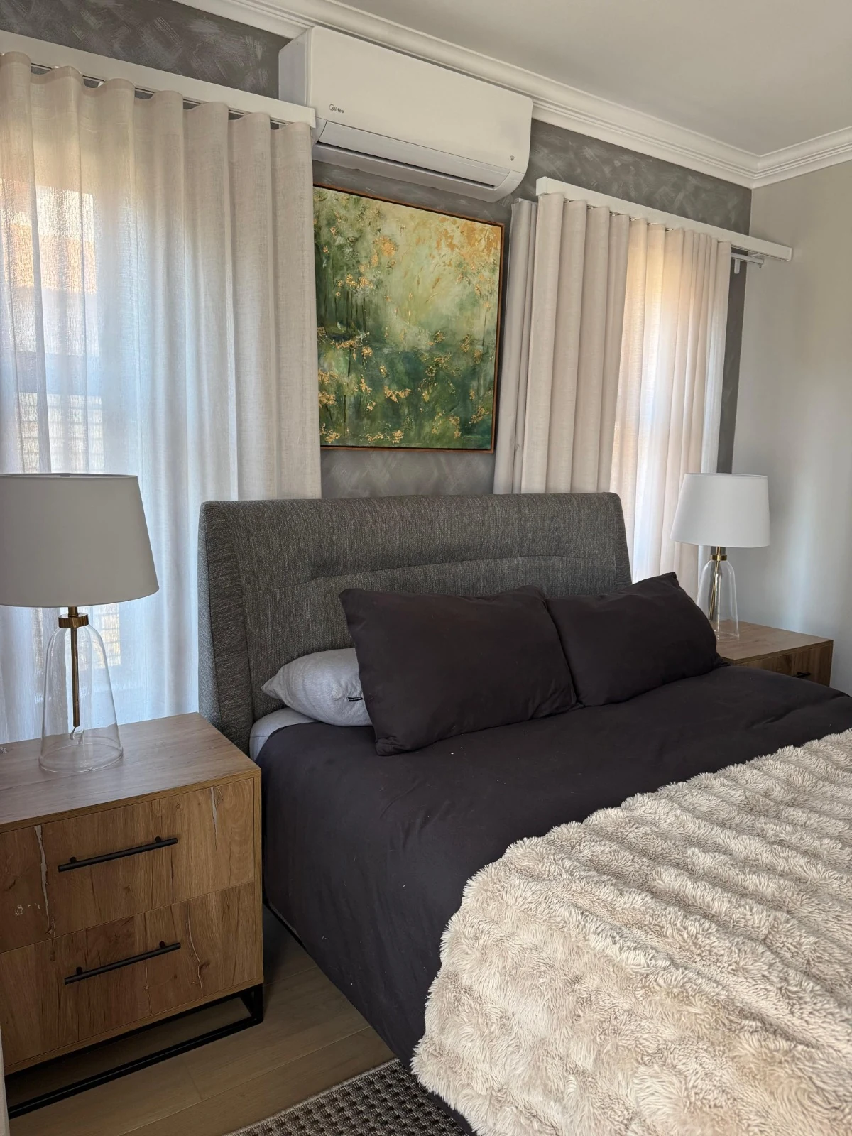 Master bedroom: custom bed and pedestals